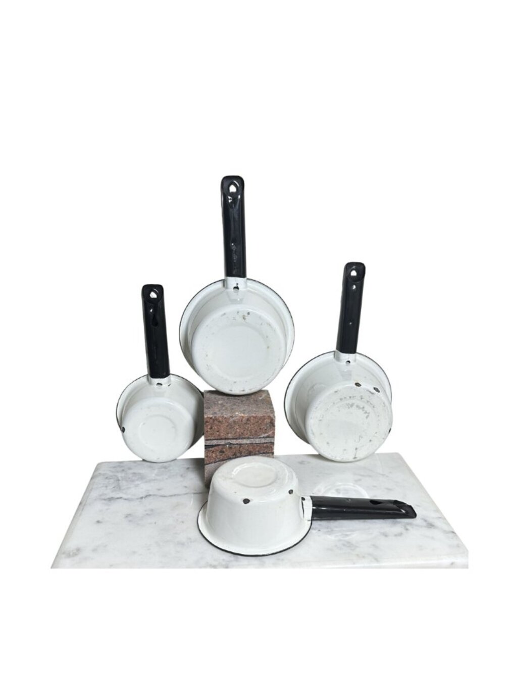 Vintage White Enamelware Saucepan Set of 4 | Black Trim Nesting Pots | Farmhouse - Picture 3 of 8